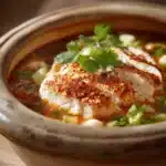 Close-up of Chicken Pozole with vibrant garnishes and a warm, inviting presentation.