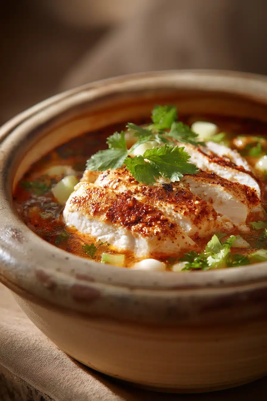 Close-up of Chicken Pozole with vibrant garnishes and a warm, inviting presentation.