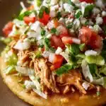 Close-up of chicken sopes with creamy sauce and fresh toppings on a clean plate.