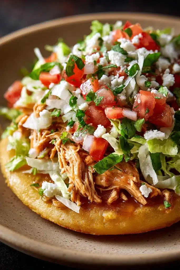 Close-up of chicken sopes with creamy sauce and fresh toppings on a clean plate.