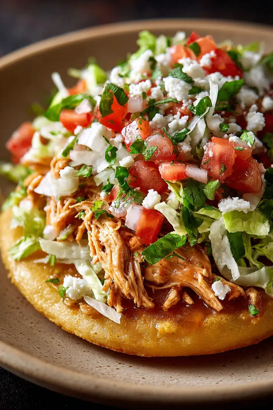 Close-up of chicken sopes with creamy sauce and fresh toppings on a clean plate.