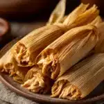 Close-up of chicken tamales with a creamy sauce on a clean background.