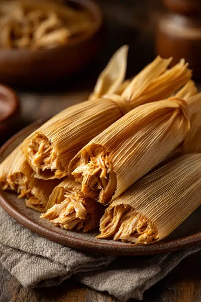 Close-up of chicken tamales with a creamy sauce on a clean background.