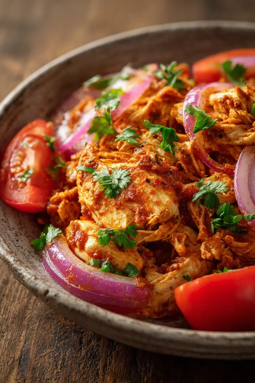Close-up of Chicken Tinga with creamy sauce and herbs on a clean plate