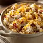 Close-up of a chicken tortilla casserole with melted cheese and garnished with herbs.