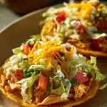 Close-up of chicken tostadas with fresh toppings on a clean plate