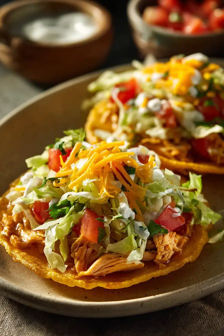 Close-up of chicken tostadas with fresh toppings on a clean plate