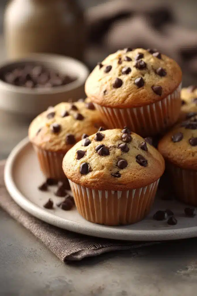 Close-up of freshly baked chocolate chip muffins with a golden brown top.