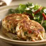 Close-up of golden brown crab cakes on a white plate with a clean background.
