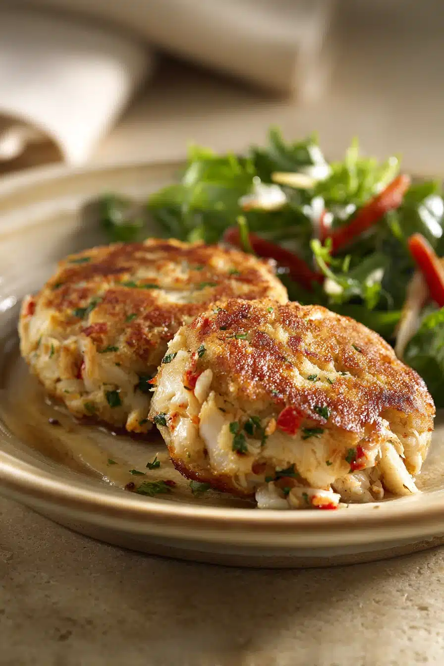 Close-up of golden brown crab cakes on a white plate with a clean background.