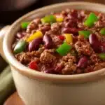 Close-up of a hearty bowl of ground beef chili with beans and spices.