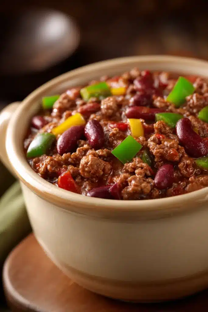 Close-up of a hearty bowl of ground beef chili with beans and spices.
