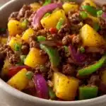 Close-up of ground beef hash with potatoes and herbs on a white plate.