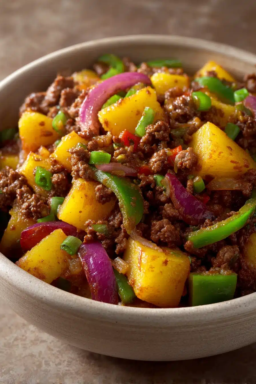 Close-up of ground beef hash with potatoes and herbs on a white plate.
