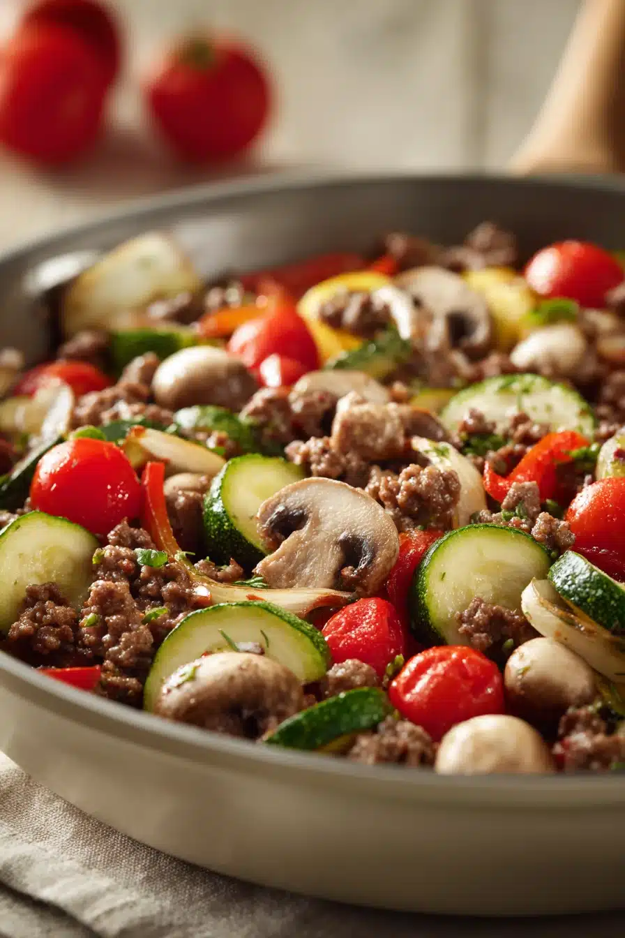 Close-up of a ground beef skillet dinner with vegetables and herbs in a pan.