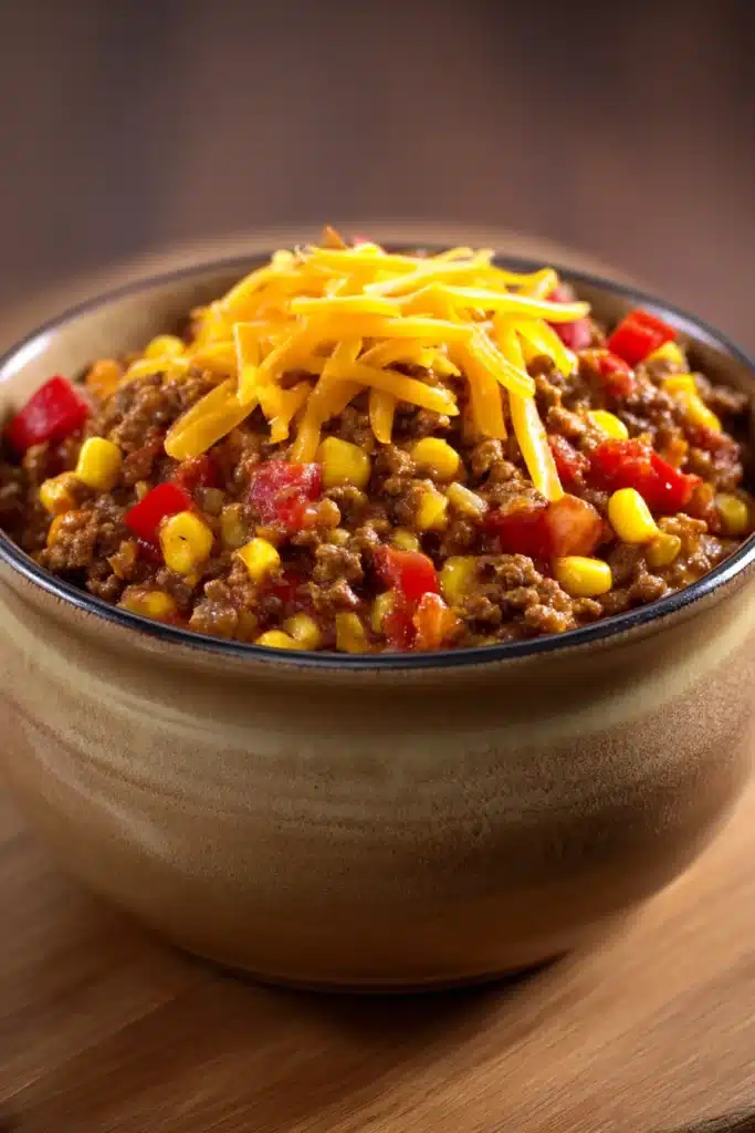 Close-up of a savory ground beef skillet dinner with vegetables and herbs in a warm, inviting setting.