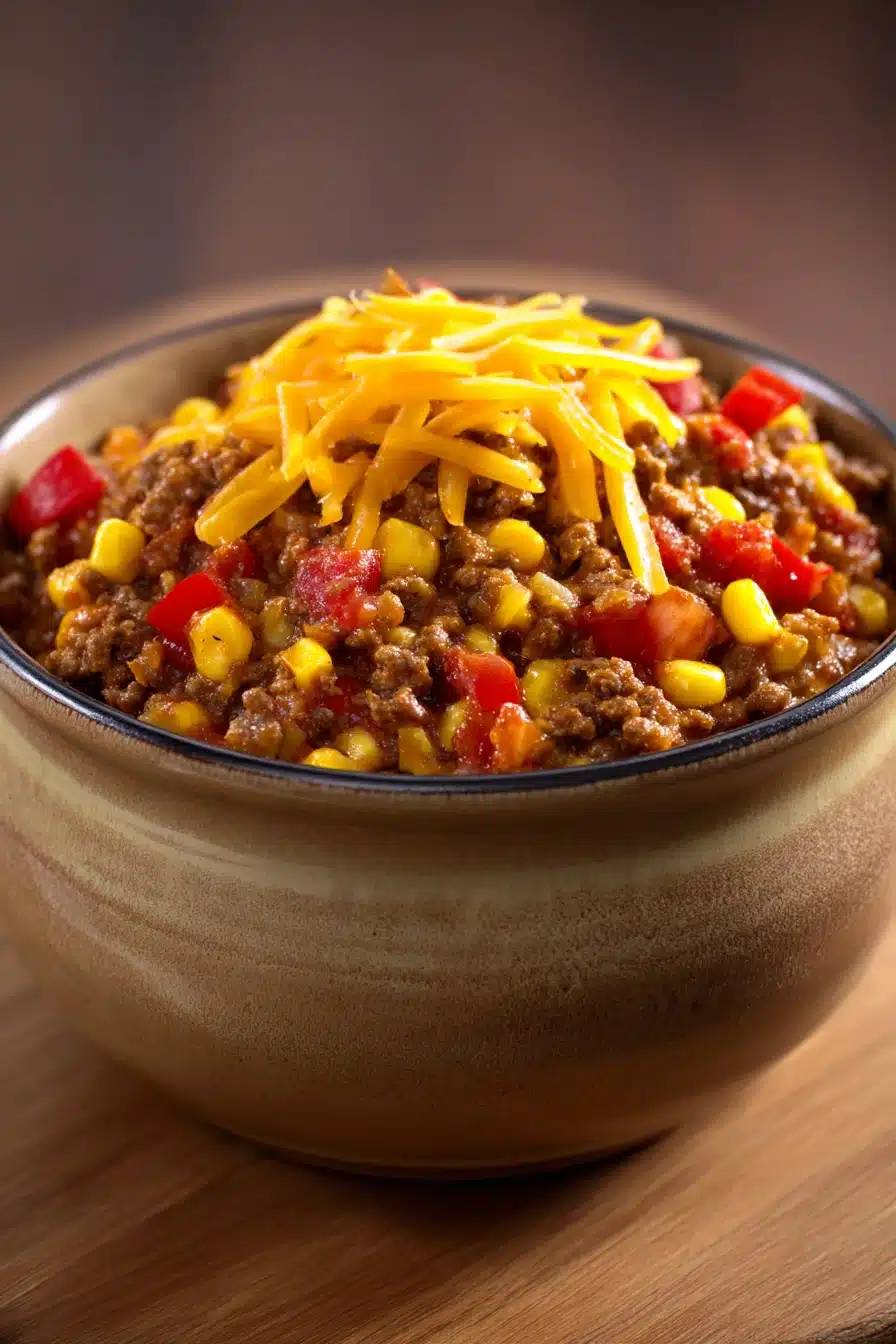 Close-up of a savory ground beef skillet dinner with vegetables and herbs in a warm, inviting setting.