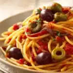 Close-up of Pasta Puttanesca with vibrant sauce and garnishes