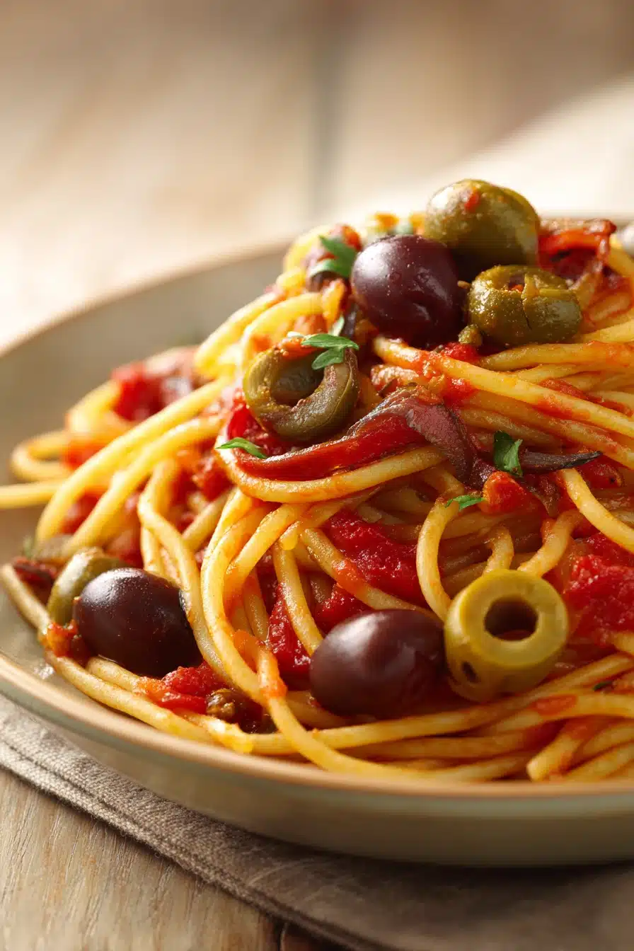 Close-up of Pasta Puttanesca with vibrant sauce and garnishes