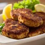 Close-up of appetizing salmon cakes with a clean background, perfect for Pinterest.