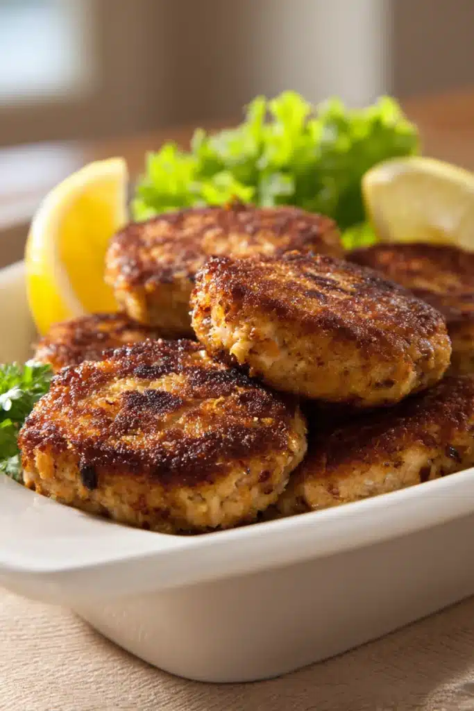 Close-up of appetizing salmon cakes with a clean background, perfect for Pinterest.
