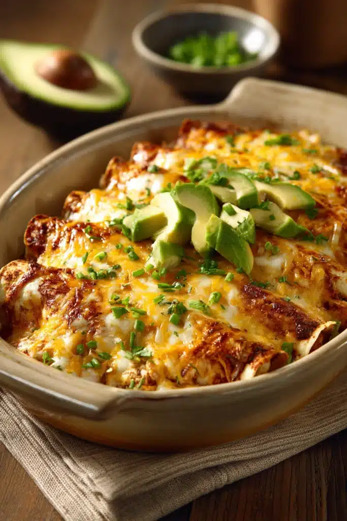Close-up of Tex-Mex enchiladas with melted cheese and sauce on a plate.