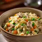 Close-up of a turkey orzo dinner with bright natural lighting and clean background