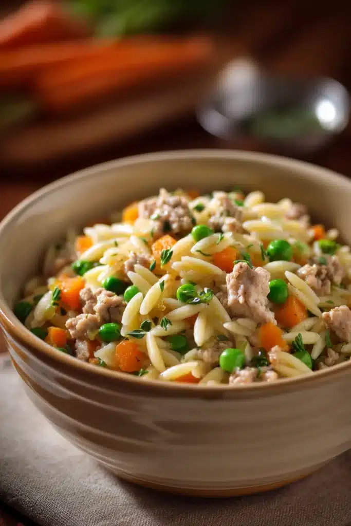 Close-up of a turkey orzo dinner with bright natural lighting and clean background