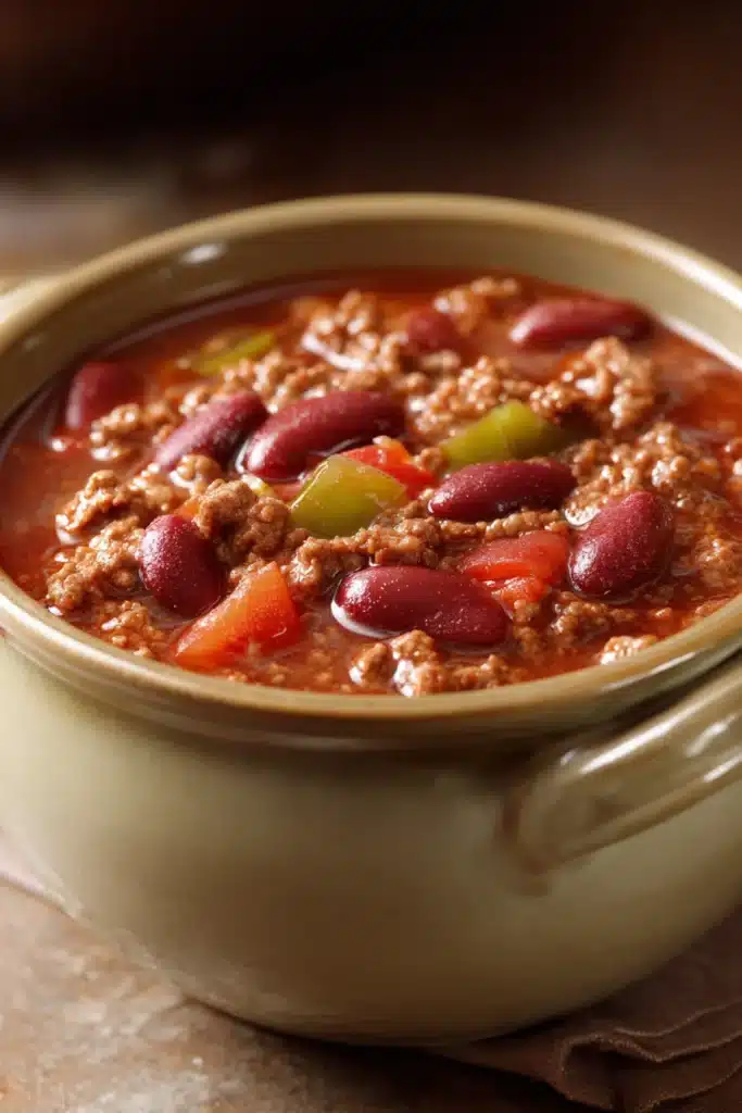 Close-up of a hearty chili soup with beans and tomatoes in a white bowl.