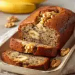 Close-up of a freshly baked Jamaican banana bread with a golden crust.