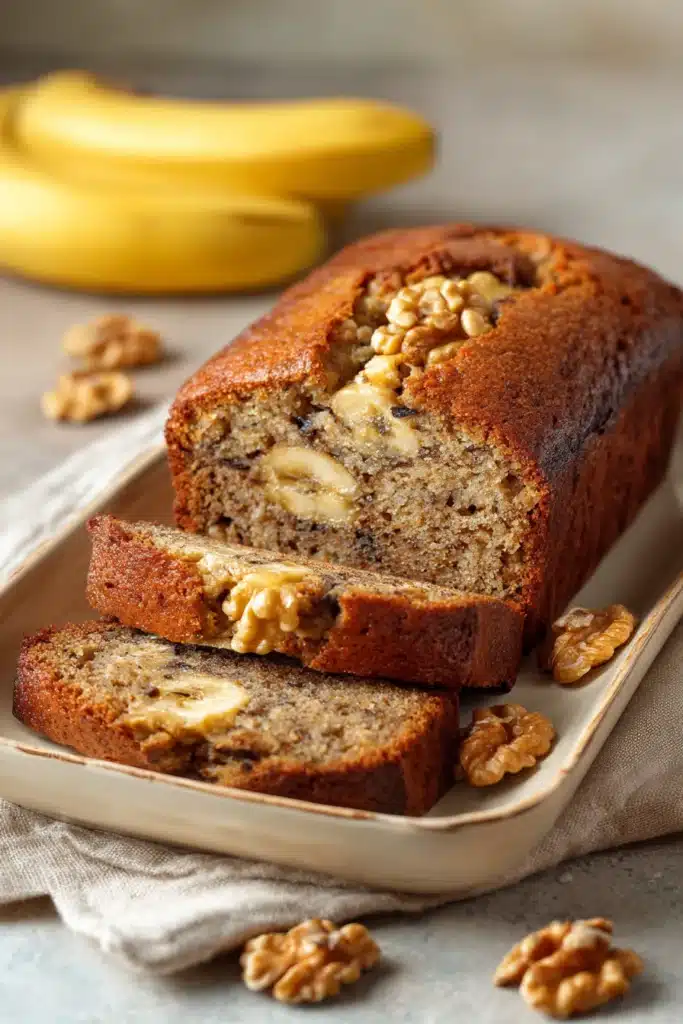Close-up of a freshly baked Jamaican banana bread with a golden crust.