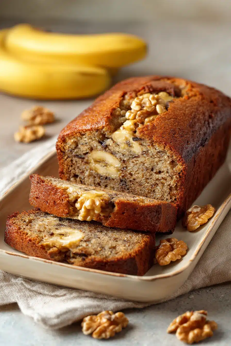 Close-up of a freshly baked Jamaican banana bread with a golden crust.