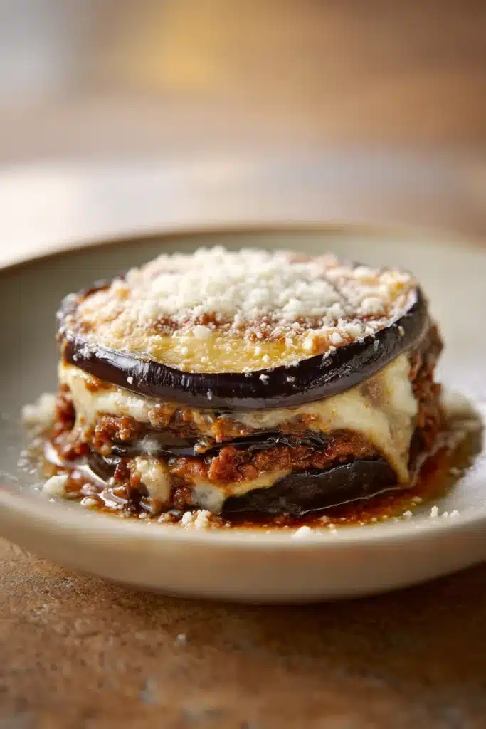 Close-up of a delicious moussaka with layers of eggplant, meat, and creamy sauce.
