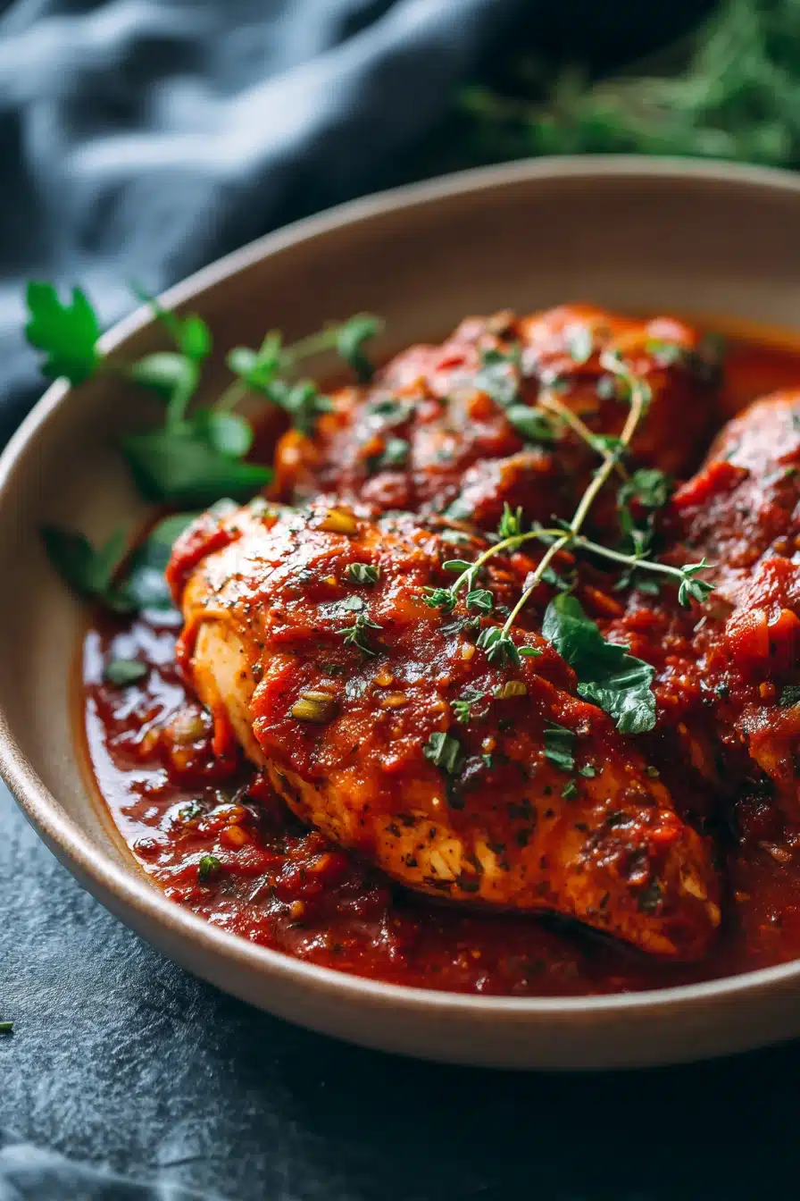 Close-up of a chicken marinara dish with creamy sauce and herbs, perfect for easy weeknight meals.