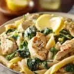 Close-up of chicken spinach skillet pasta with lemon and parmesan, bright and appetizing.
