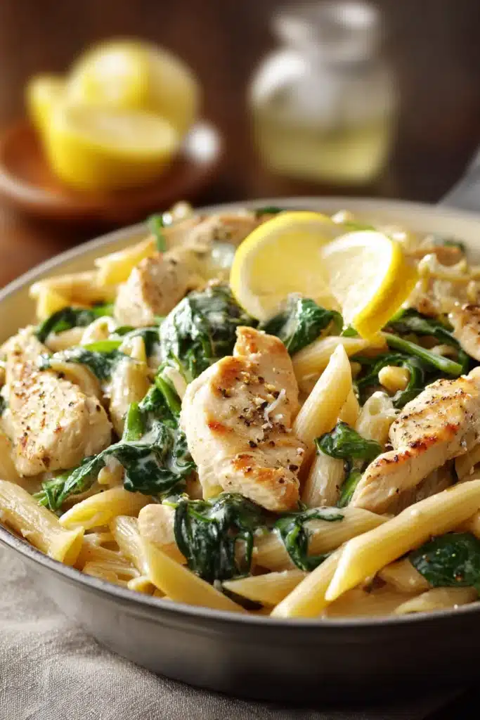 Close-up of chicken spinach skillet pasta with lemon and parmesan, bright and appetizing.