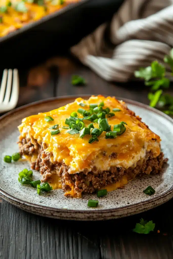 Close-up of a delicious egg bake casserole with ground beef, topped with melted cheese.