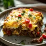 Close-up of an egg bake casserole with ground beef, topped with melted cheese and herbs.