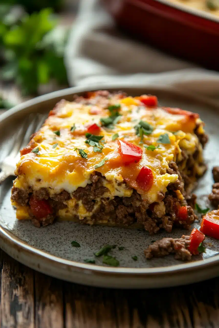 Close-up of an egg bake casserole with ground beef, topped with melted cheese and herbs.