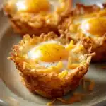 Eggs in crispy hash brown baskets with a golden brown texture and garnished with herbs
