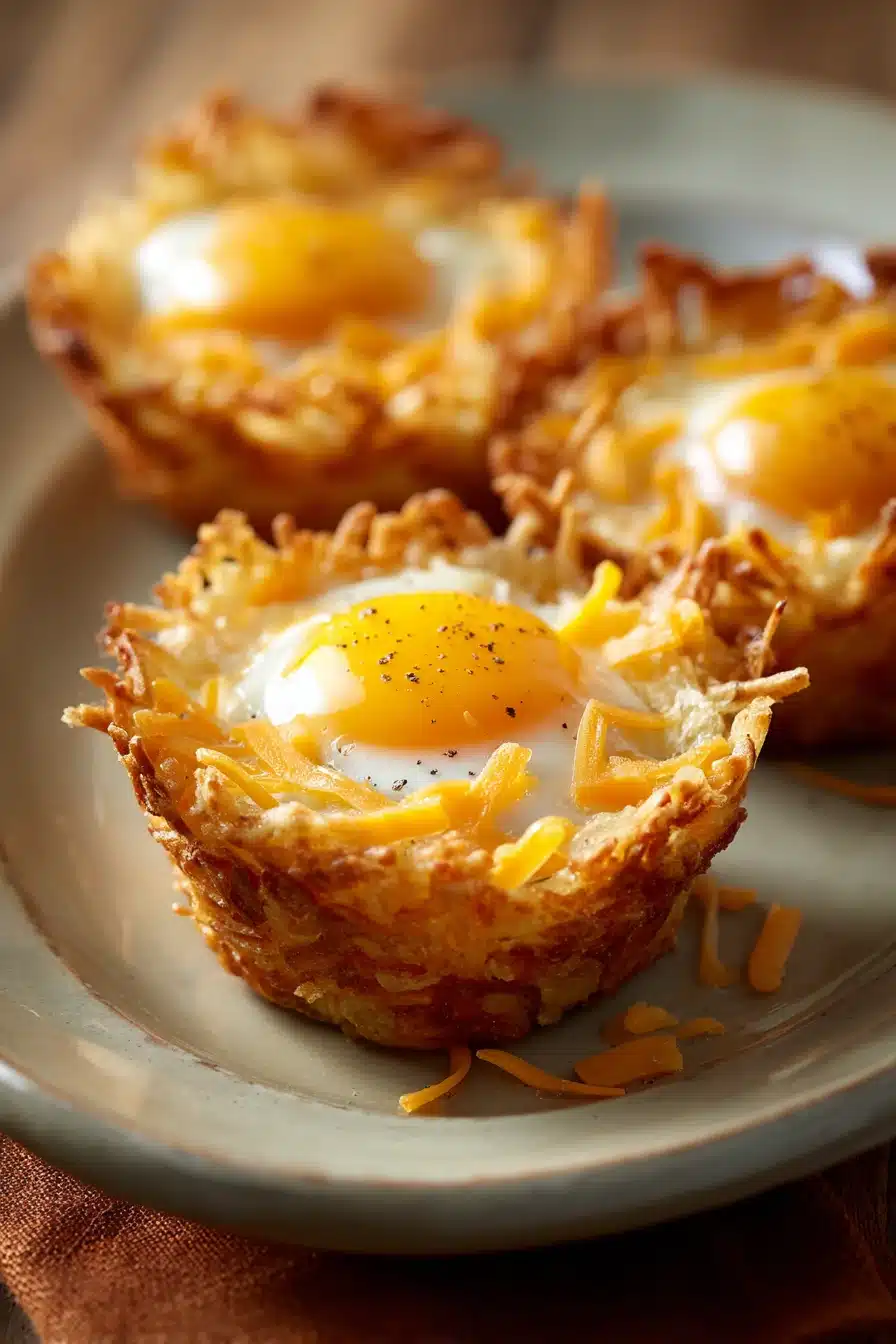 Eggs in crispy hash brown baskets with a golden brown texture and garnished with herbs