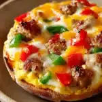 Close-up of a flavorful English muffin breakfast pizza with vibrant toppings.