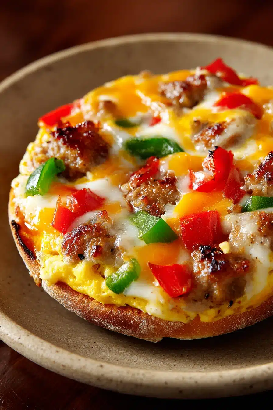 Close-up of a flavorful English muffin breakfast pizza with vibrant toppings.