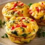 Close-up of fluffy breakfast egg muffins with a golden brown top, served on a white plate.