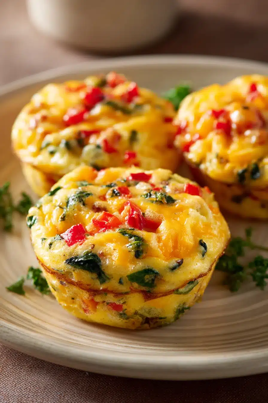 Close-up of fluffy breakfast egg muffins with a golden brown top, served on a white plate.
