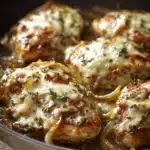 Close-up of French Onion Chicken Skillet with melted cheese and herbs
