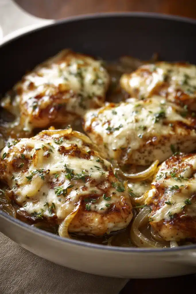 Close-up of French Onion Chicken Skillet with melted cheese and herbs