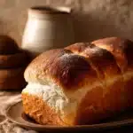 Close-up of freshly baked bread with yeast, showcasing a golden crust and airy texture.