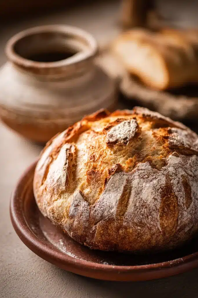 Close-up of freshly baked bread with a golden crust made with bread flour.