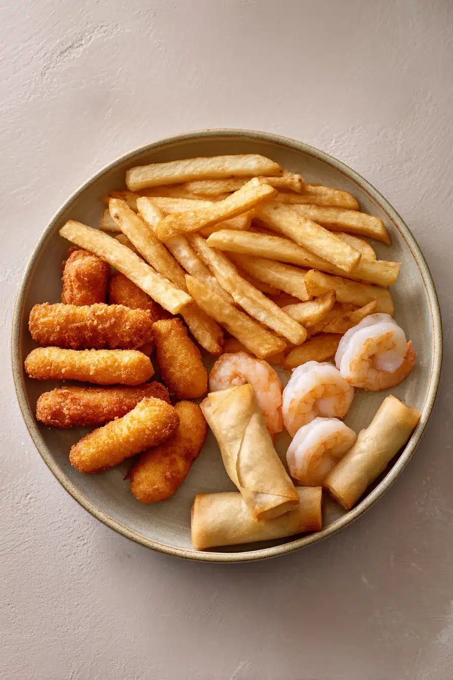 Close-up of delicious frozen food cooked in an air fryer, showcasing crispy texture and golden color.